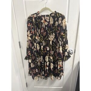 Bohme Floral Pleated Mini Dress Womens Small Black‎ Long Sleeve Ruffle Neck Boho
